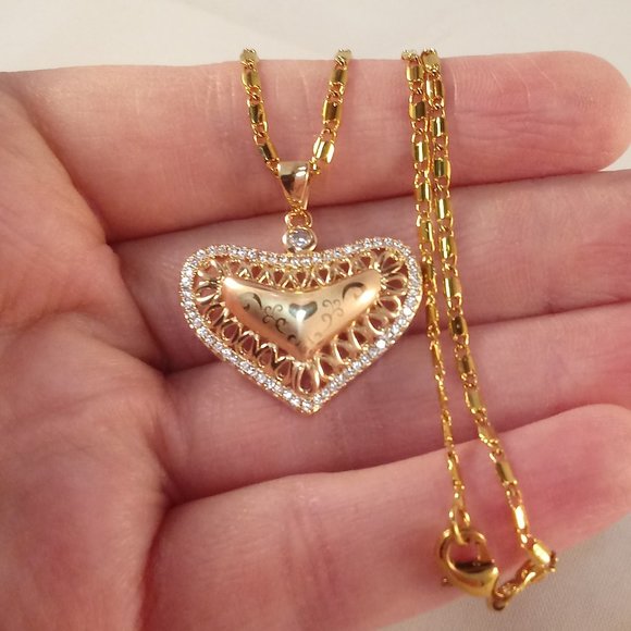 18K Yellow Gold Filled Luxury Heart Diamond Zircon Laser Carved Pendant Necklace - Picture 4 of 8